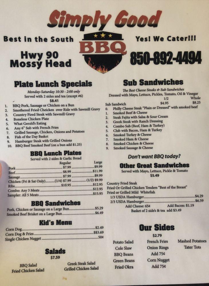 Menu at Simply Good BBQ, Mossy Head, US-90 W