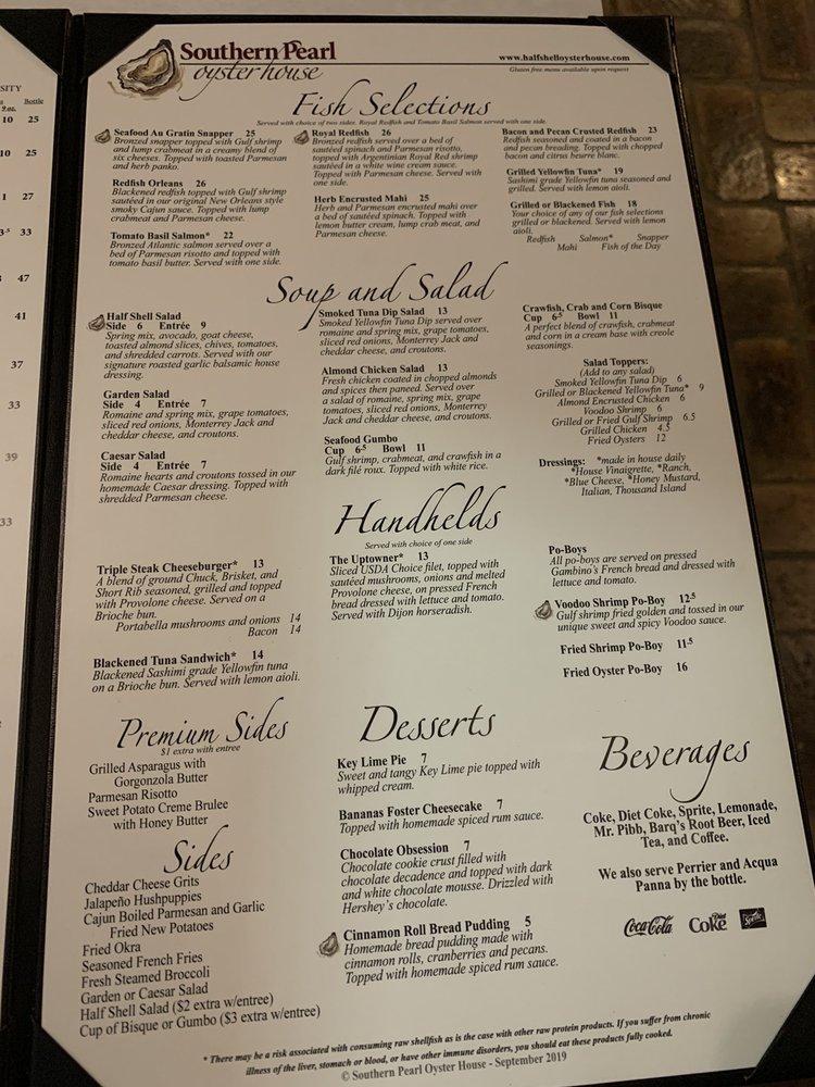 Menu at Southern Pearl Oyster House restaurant, Baton Rouge