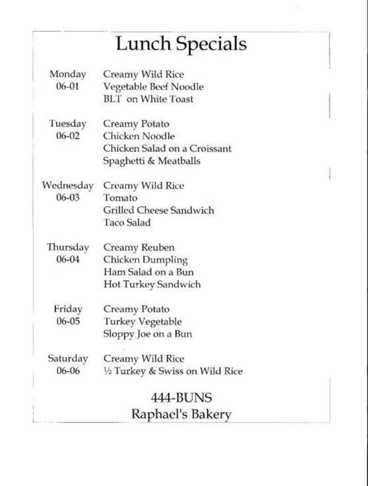 Menu at Raphael's Bakery, Bemidji