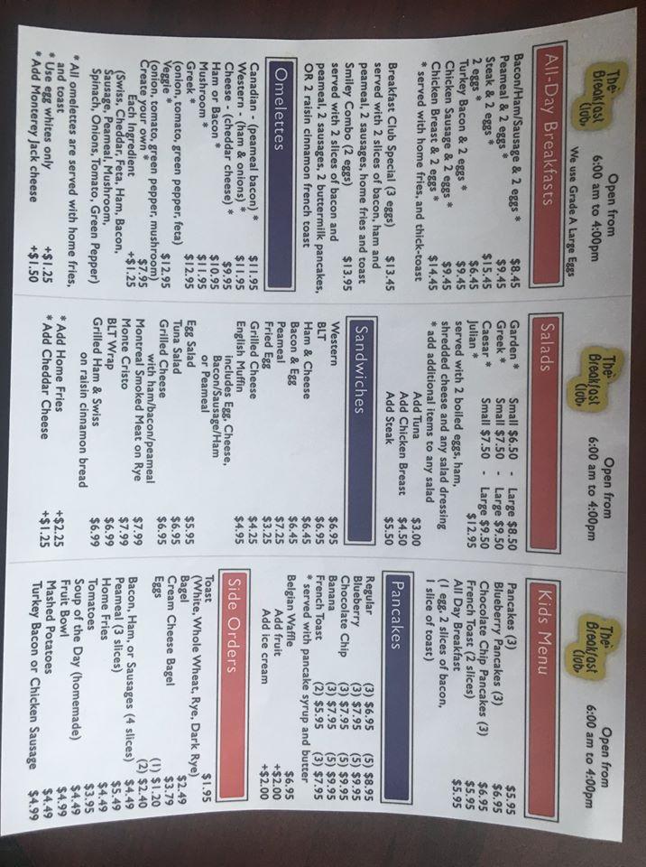 Menu at The Breakfast Club, Schomberg, ON9