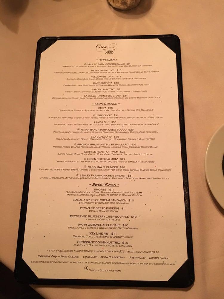 Menu at Circa 1886 Restaurant, Charleston