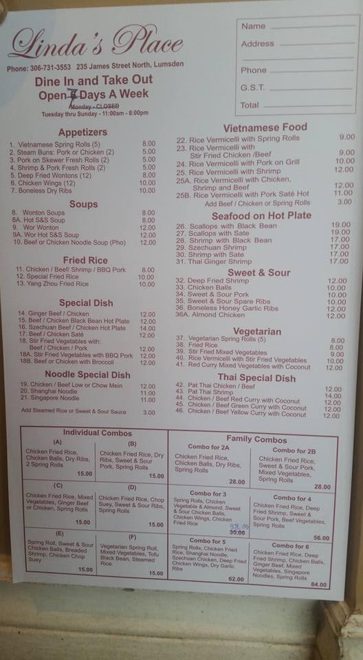 Menu at Linda's Place restaurant, Lumsden