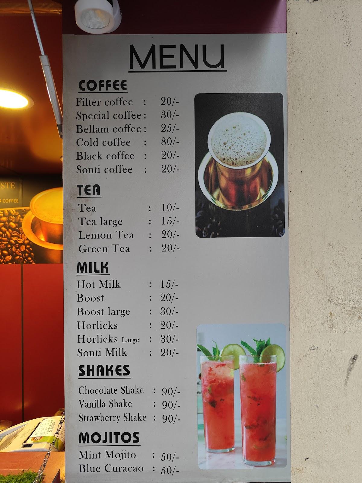 Menu at Mylapore coffee house, Vijayawada