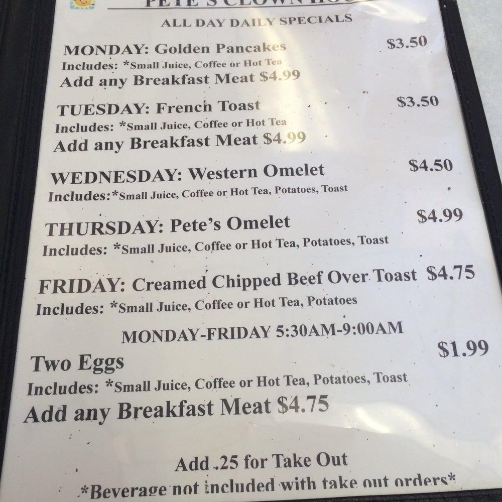 Carta del restaurante Pete's Clown House, Filadelfia