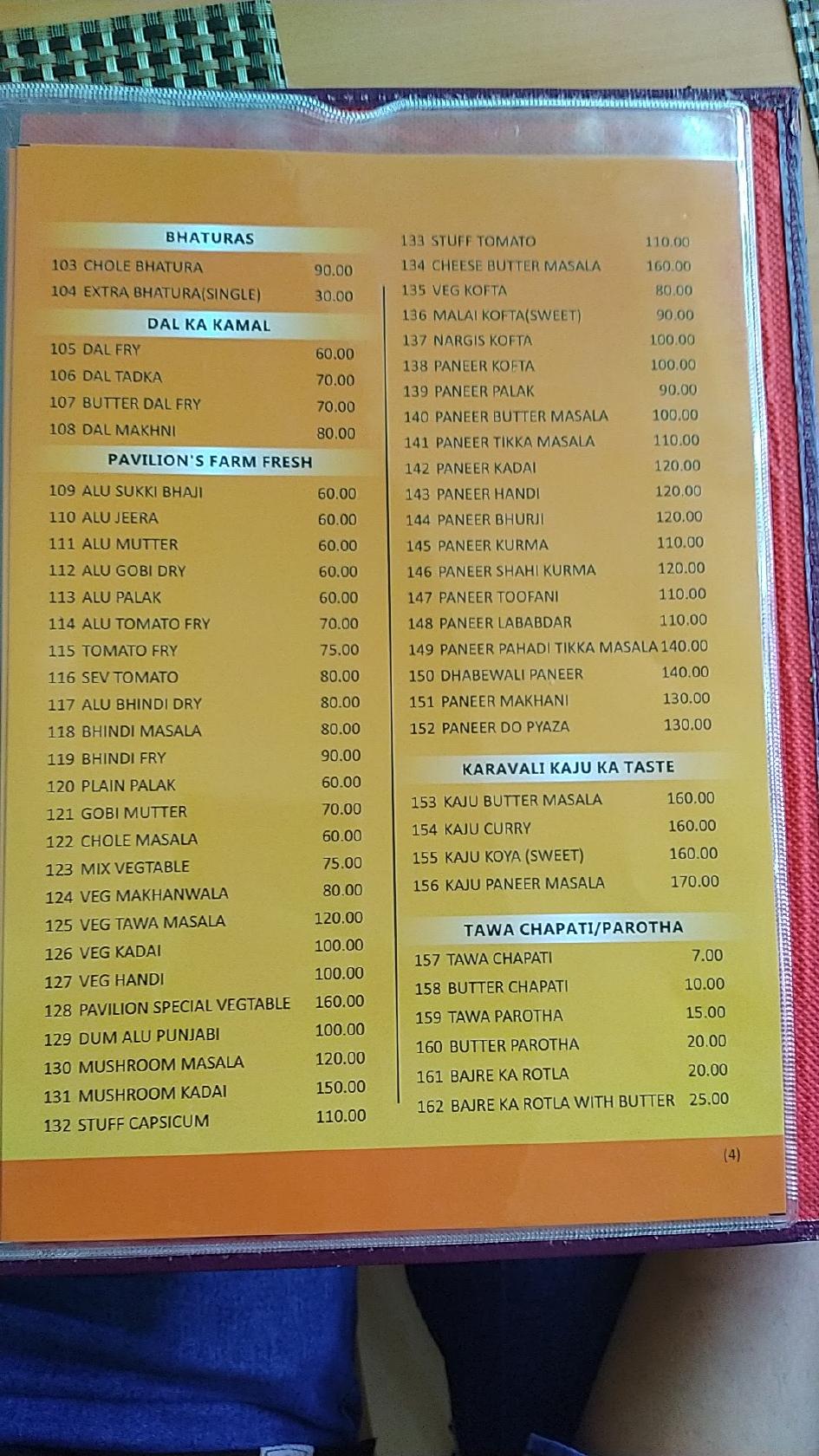 Pavillion menu