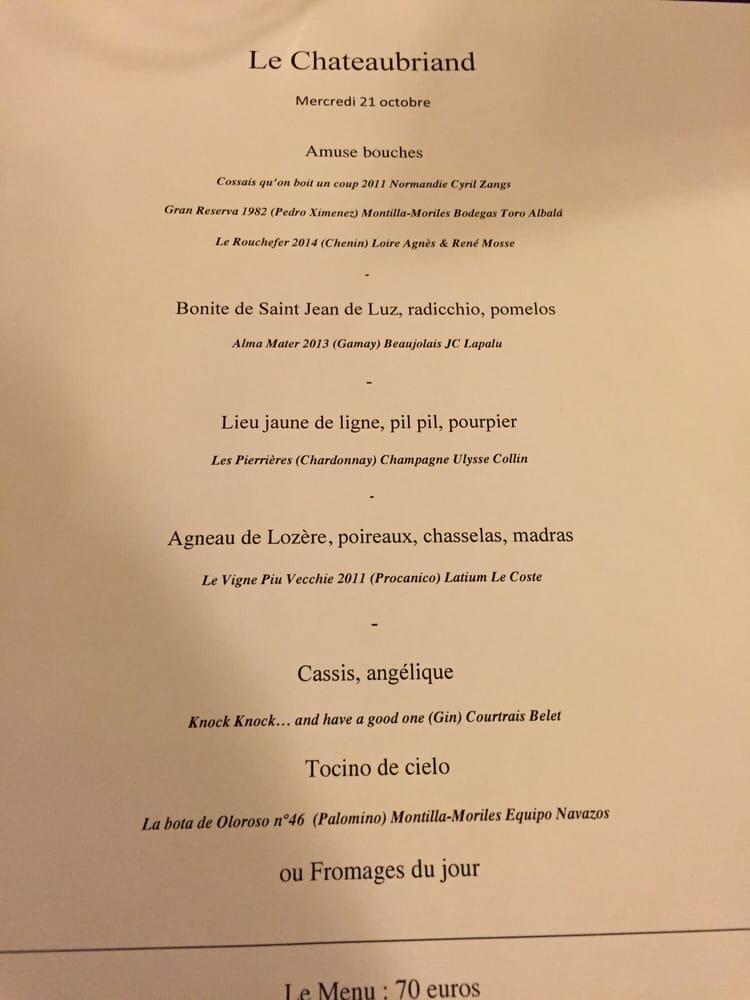 Menu at Le Châteaubriand restaurant, Paris, 129 Ave Parmentier