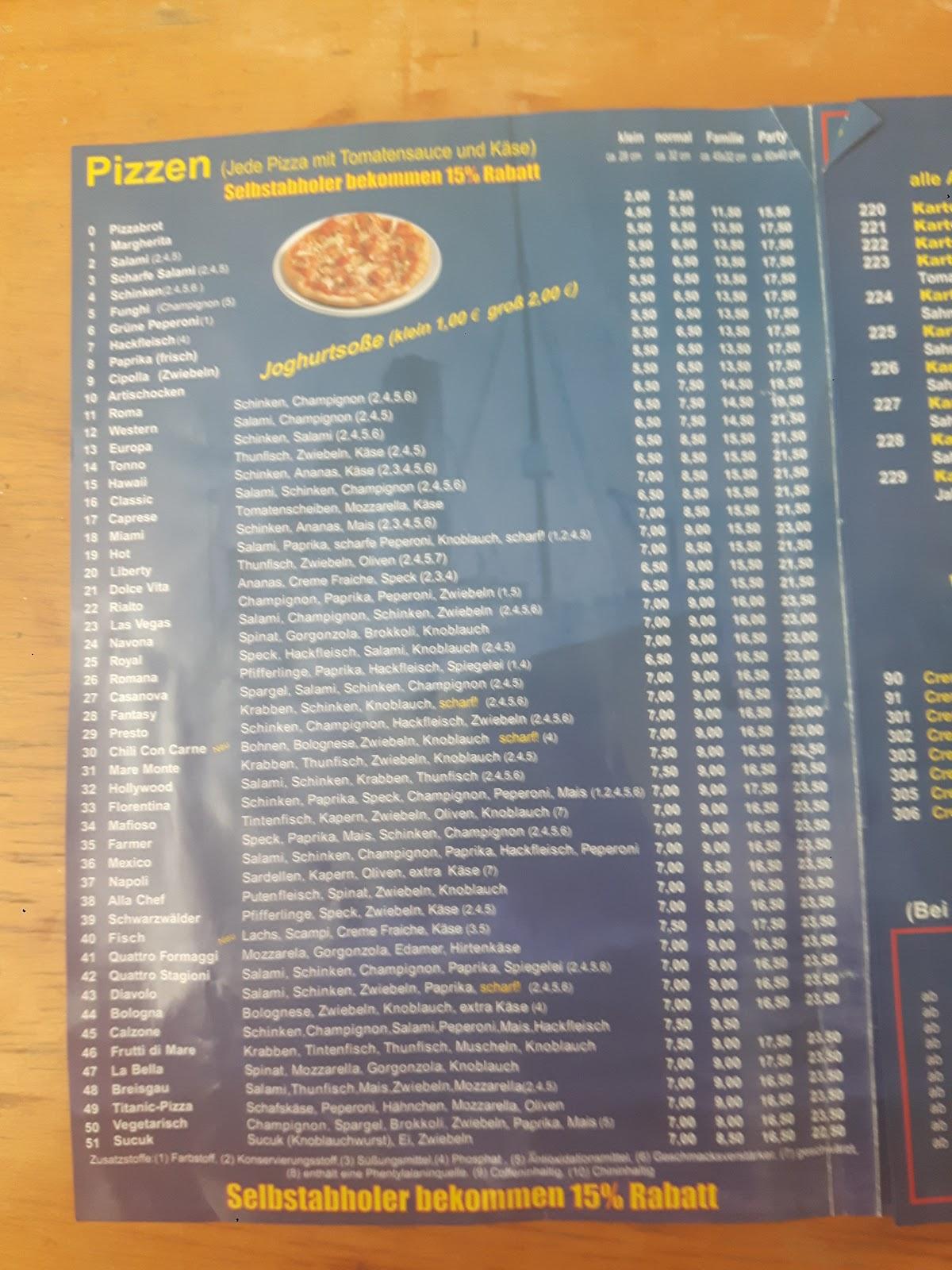 Speisekarte von Pizza Titanic, Emmendingen