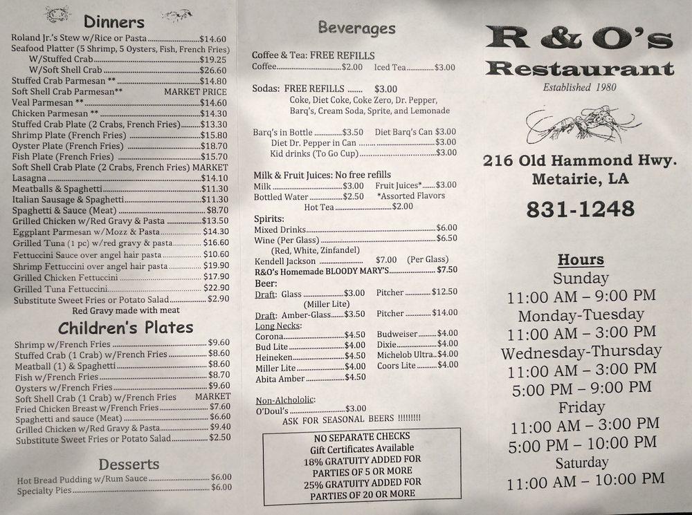 Menu at R & O Restaurant and Catering, Metairie