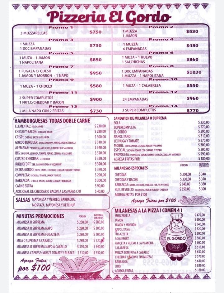 Menu at PIZZERIA EL GORDO, Morón
