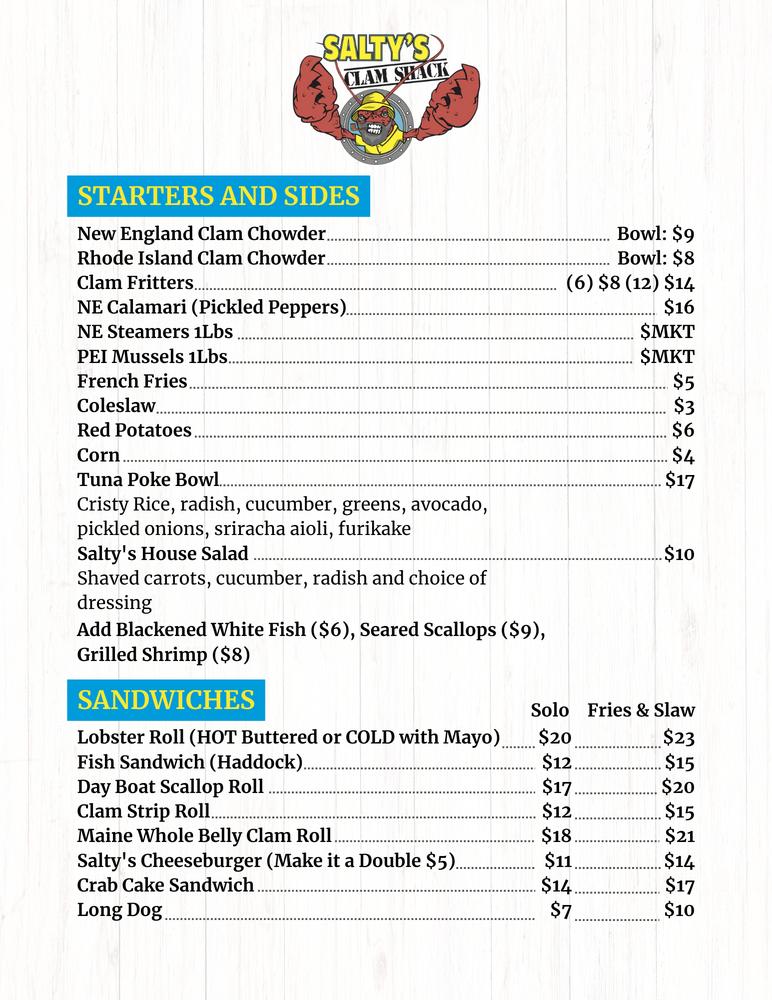Menu at Salty's Clam Shack restaurant, Westerly