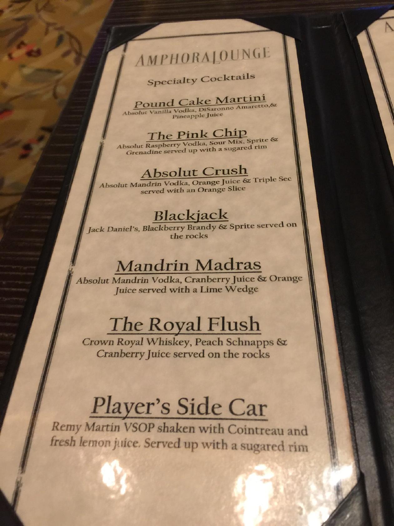 Menu at Amphora Lounge restaurant, Atlantic City