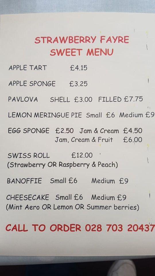 Menu at Strawberry Fayre cafe, Coleraine