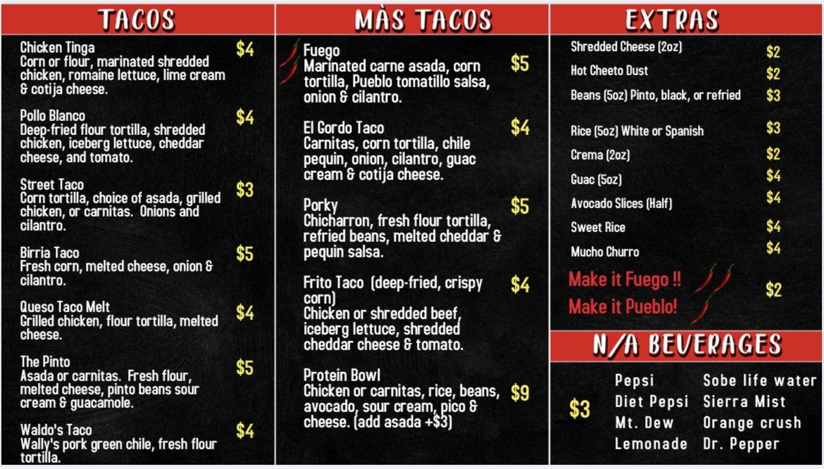 Menu at Tacos Fuego pub & bar, Pueblo