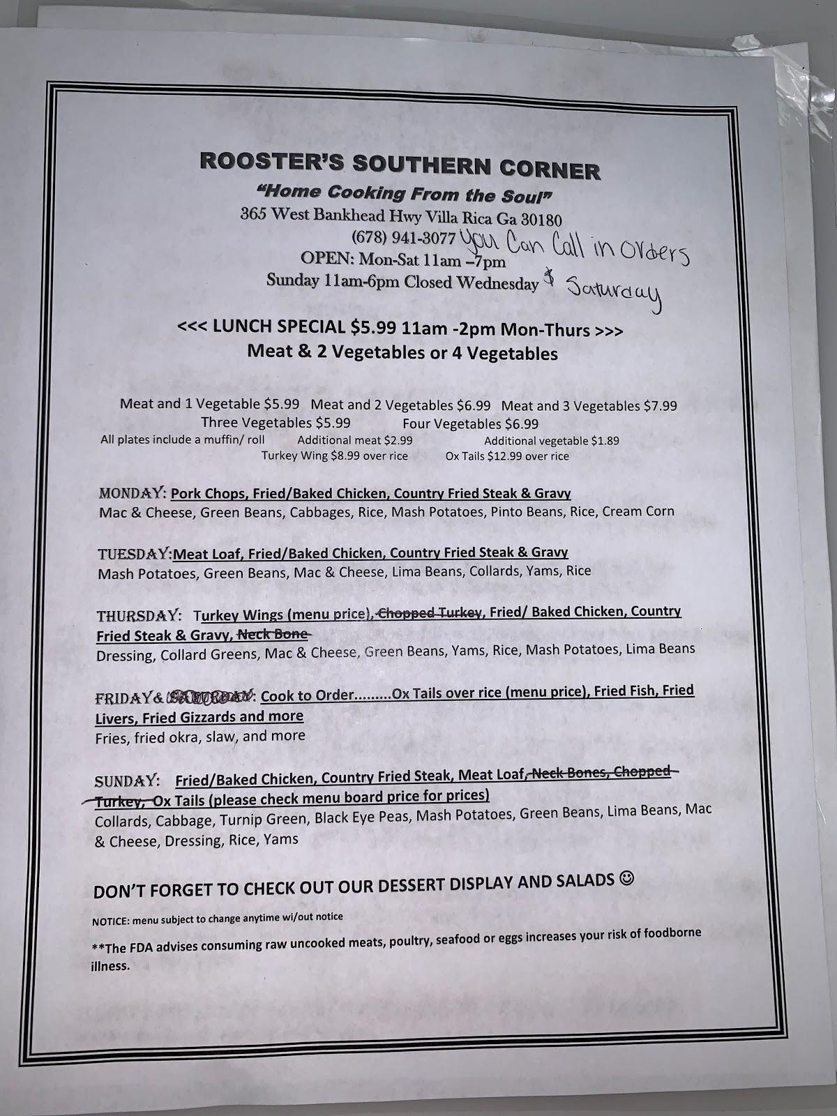 Menu at Rooster's Southern Corner restaurant, Villa Rica