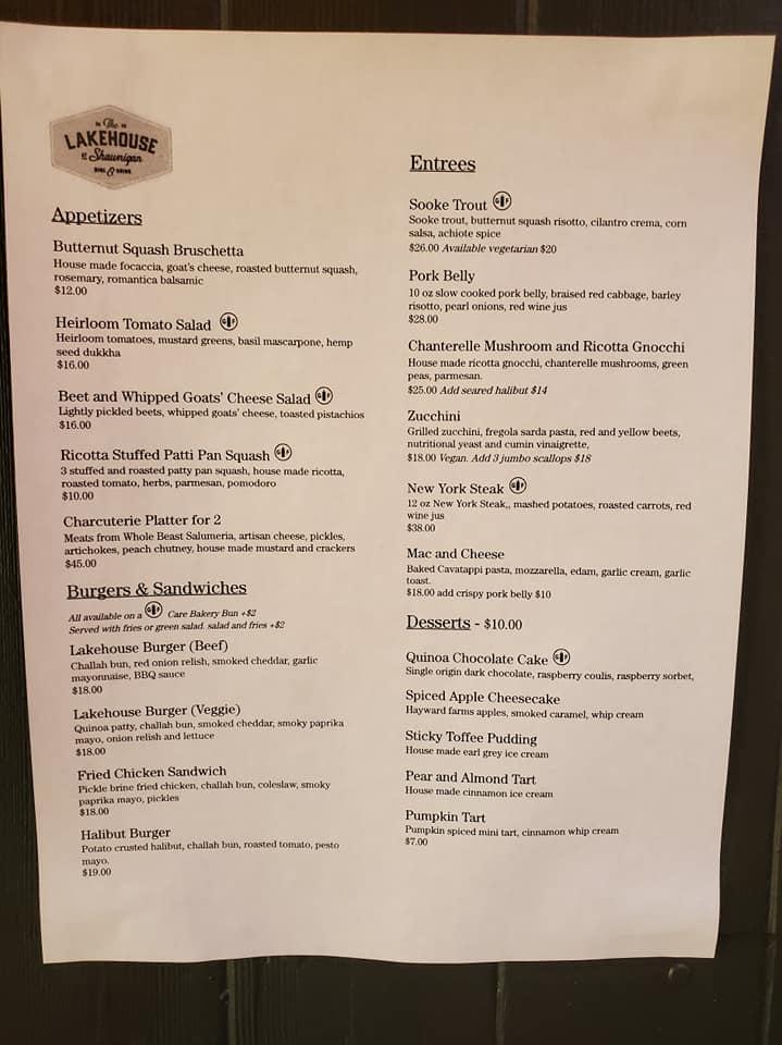 Menu at The Lakehouse at Shawnigan restaurant, Shawnigan Lake