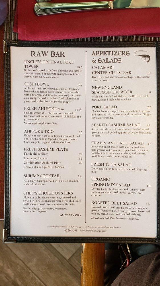 Menu at *PIER 38 LOCATION CLOSED PERMANENTLY* Uncle's Fish Market