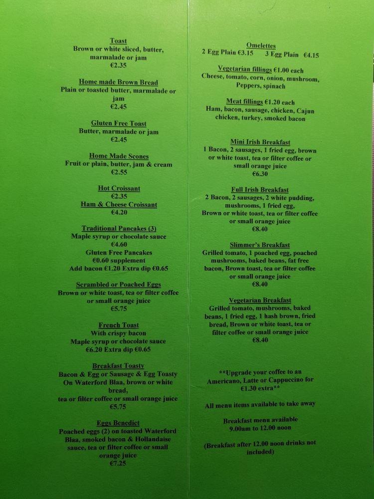 Menu at The Olive Cafe John Roberts square, Waterford