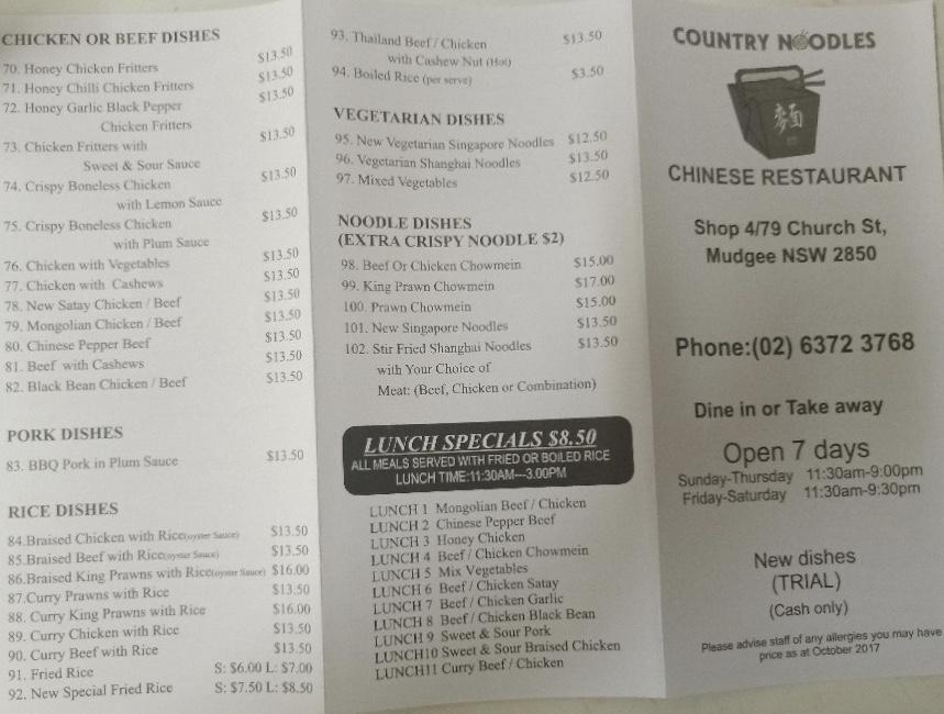 Menu at Country Noodles fast food, Mudgee