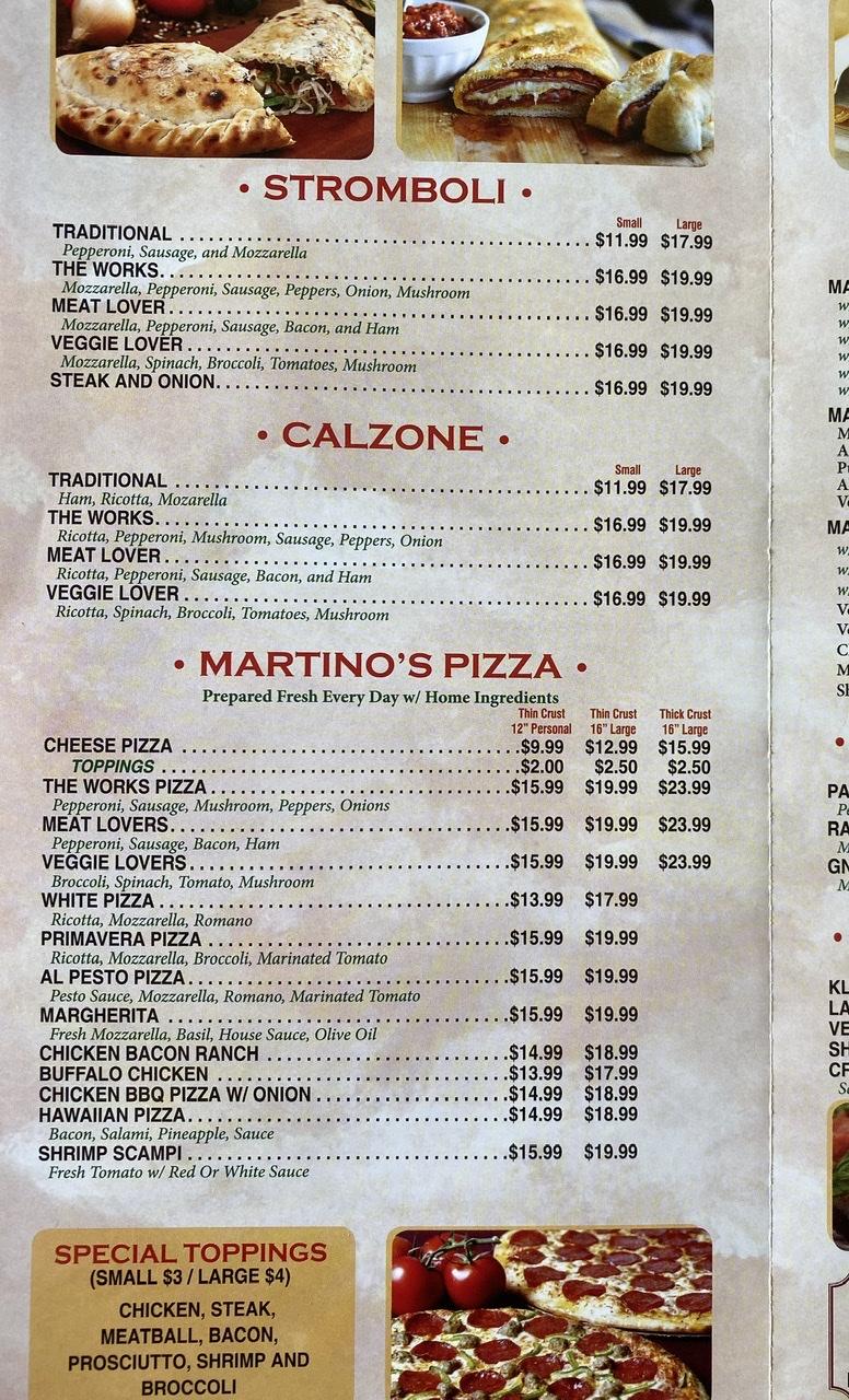 Menu at Martino's Italian Traditions pizzeria, Lebanon, PA72