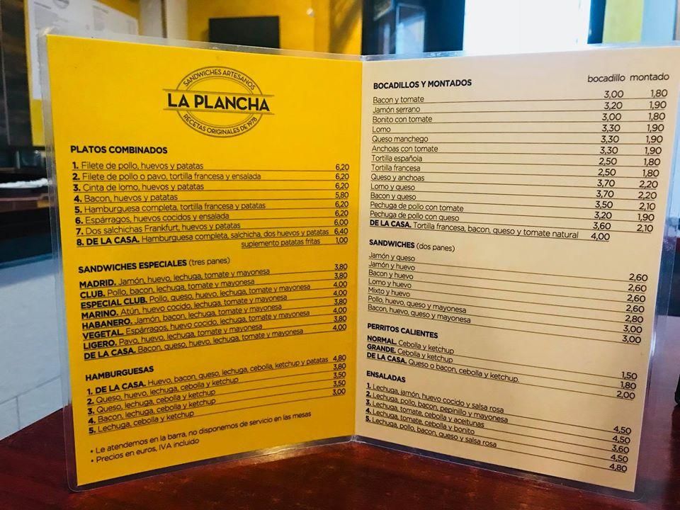 Menu at La Plancha cafeteria, Madrid