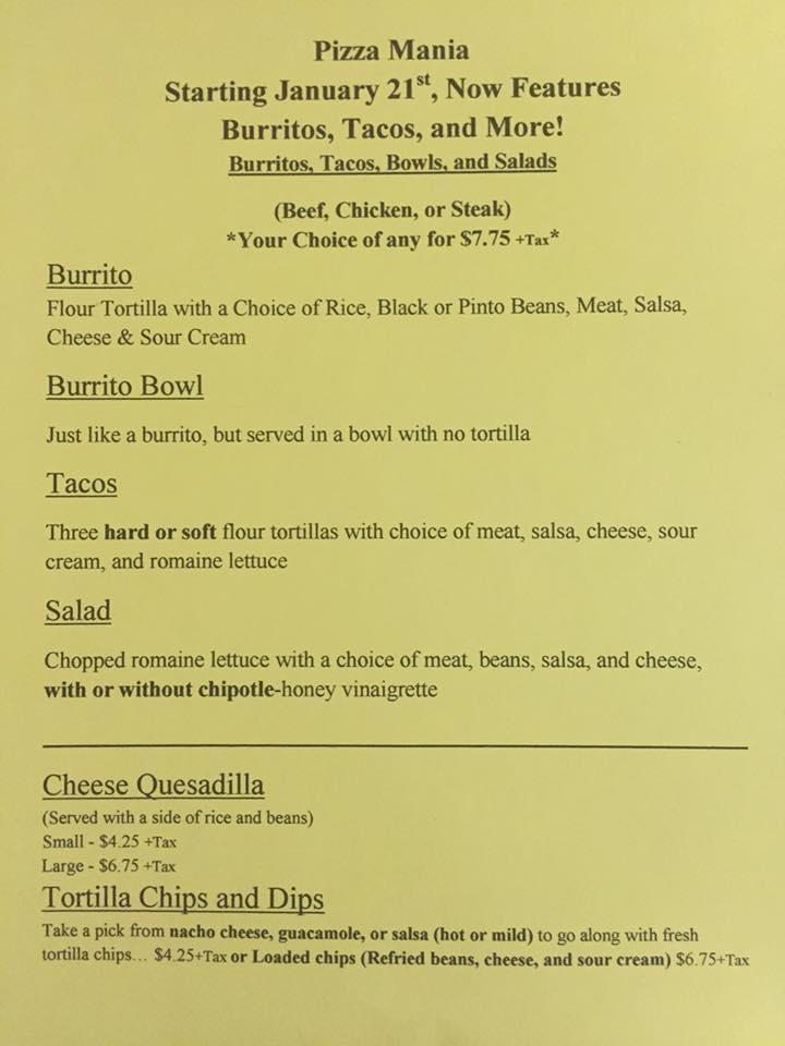 Menu at Pizza Mania pizzeria, Otisville, 9 Main St