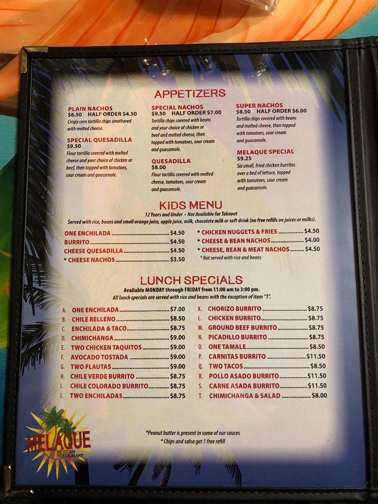 Menu at Melaque Mexican Restaurant, Helena