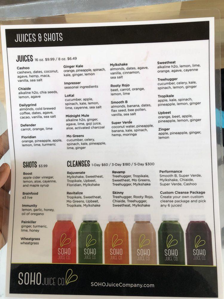 Menu at SOHO Juice Co. pub & bar, Winter Park