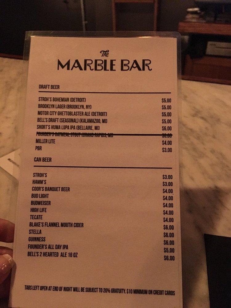 Menu at Marble Bar, Detroit