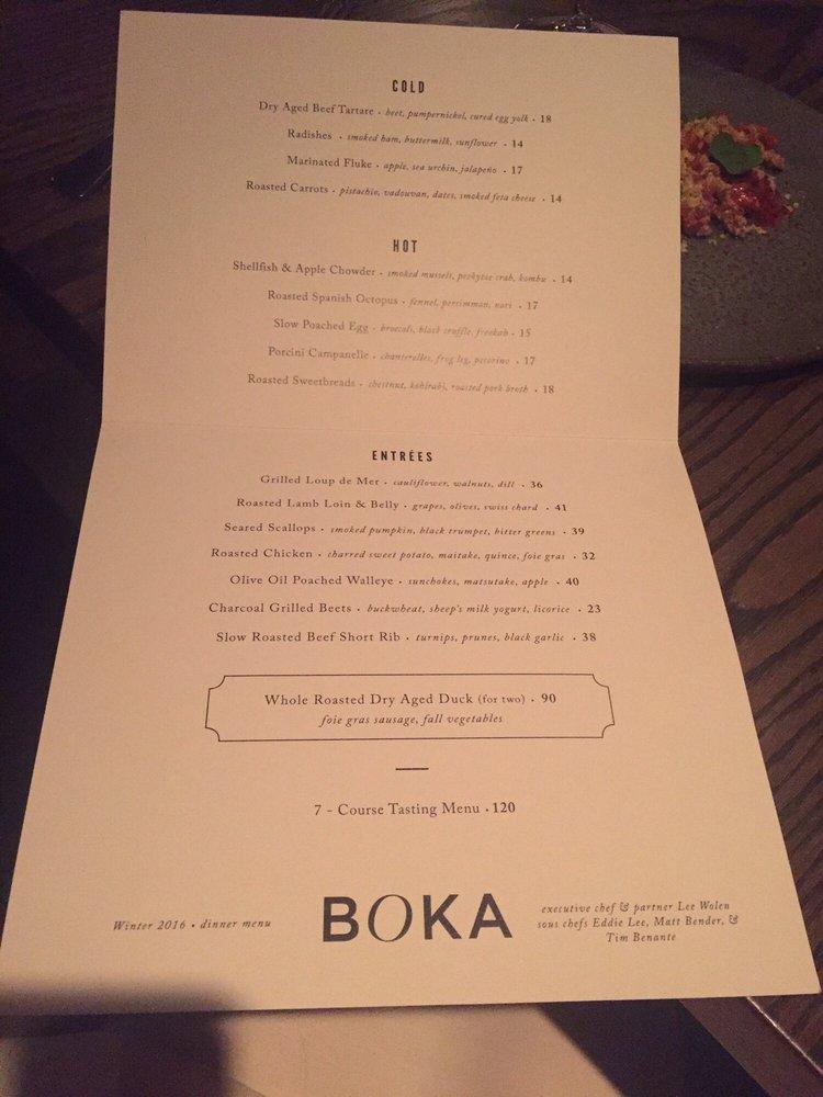 Menu at Boka restaurant, Chicago