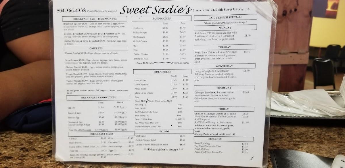 Menu at Sweet Sadie's Restaurant, Harvey