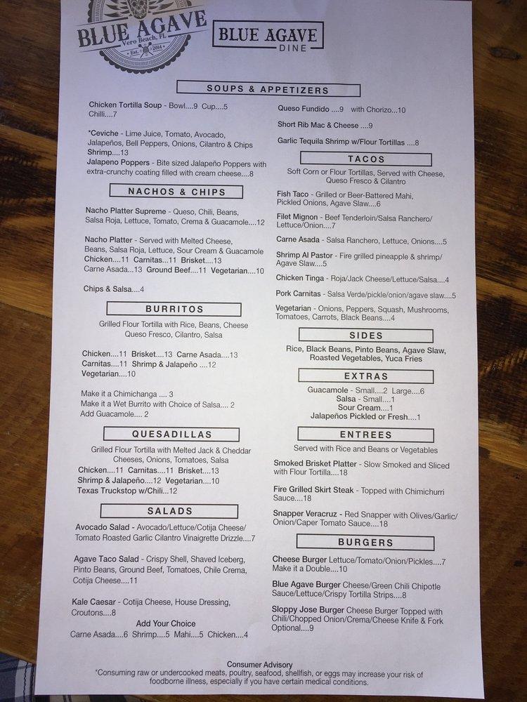 Menu at Blue Agave pub & bar, Vero Beach