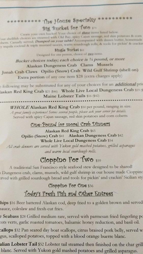 Menu at Cracked Crab restaurant, Pismo Beach