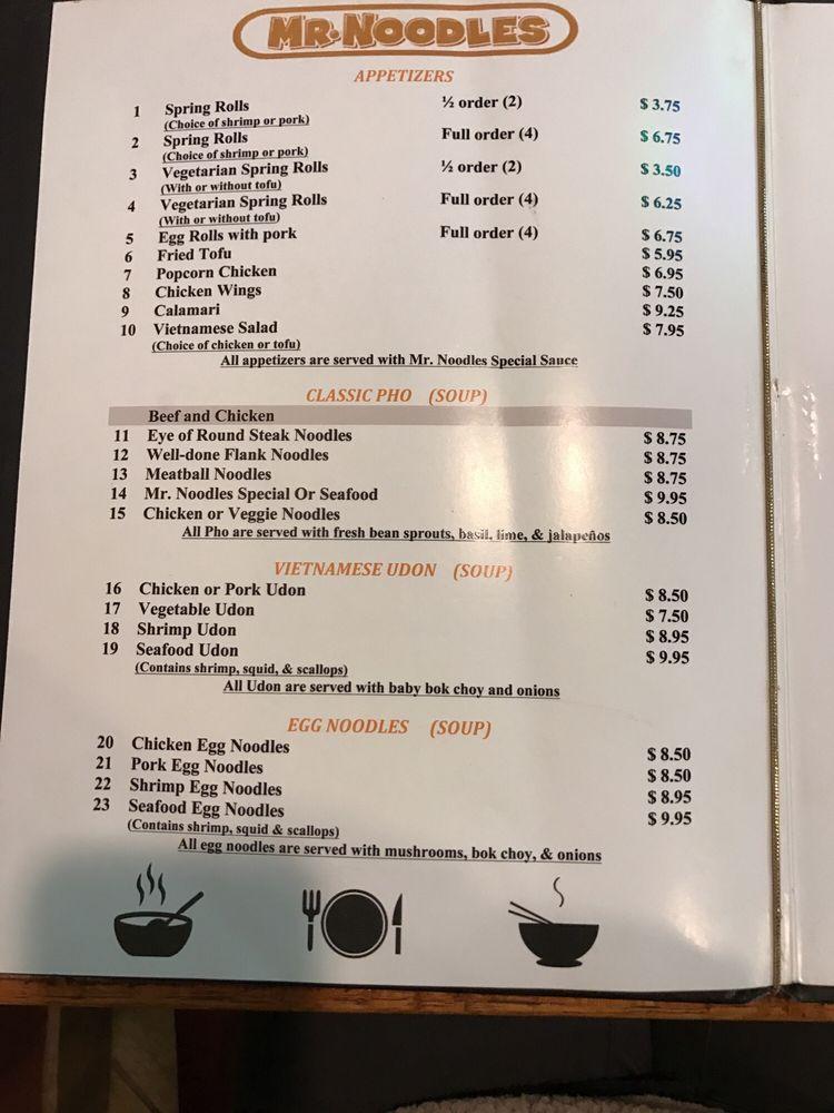 Menu at Mr. Noodles restaurant, Salinas