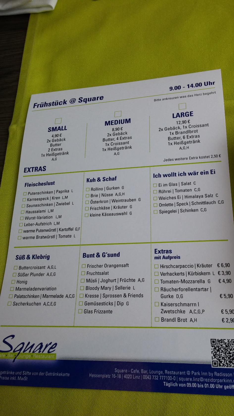 Menu at Park Inn by Radisson Linz restaurant, Linz