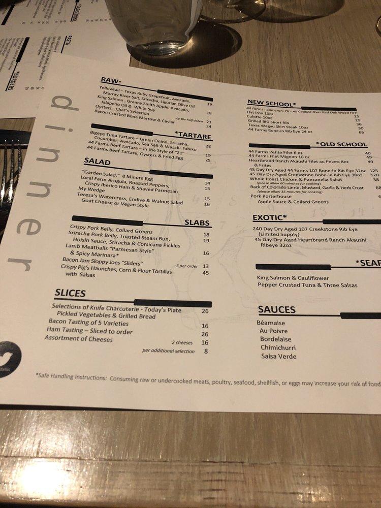 Menu at Knife steakhouse, Dallas