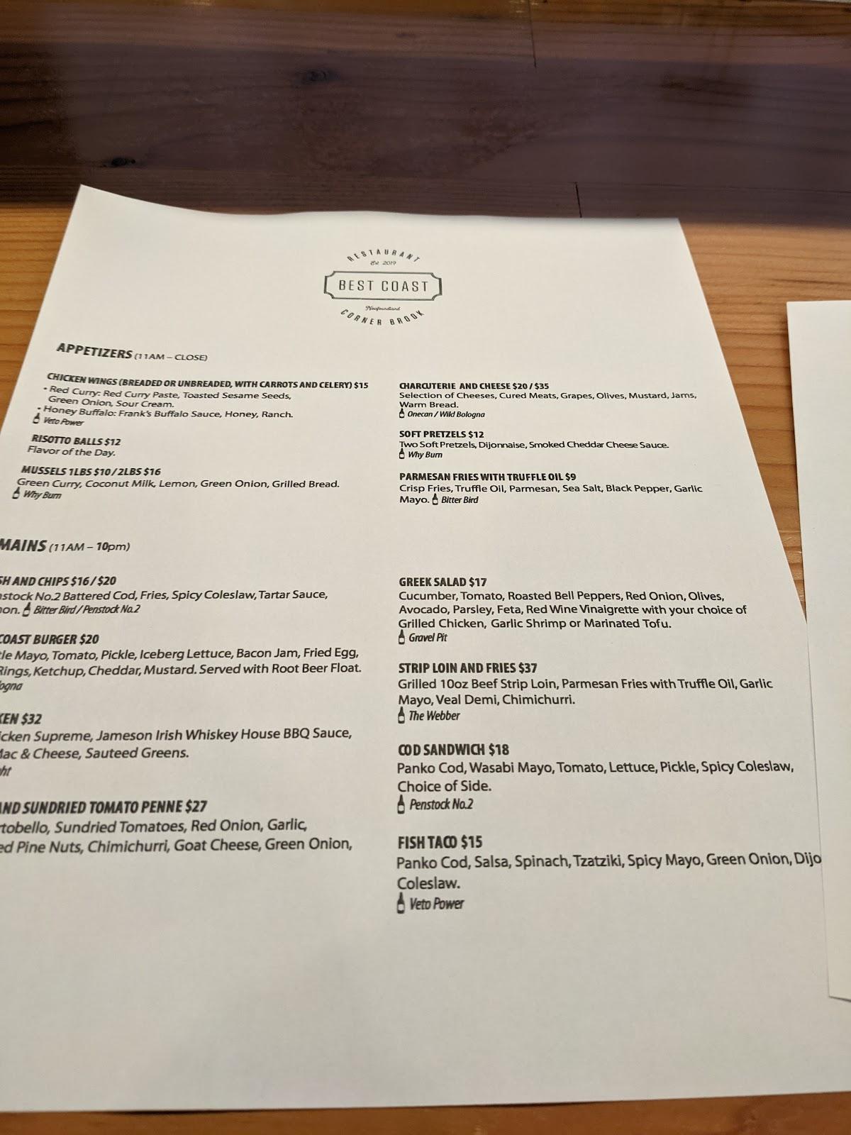 Menu at Best Coast Restaurant, Corner Brook