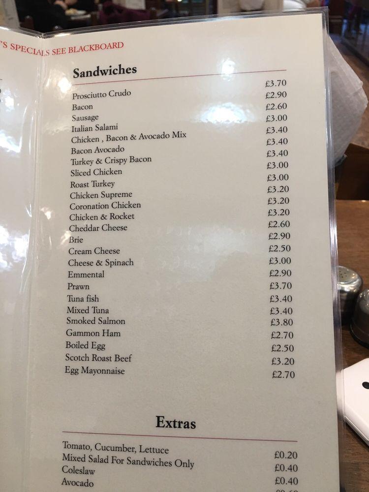 Menu at Frank's Coffee House, London