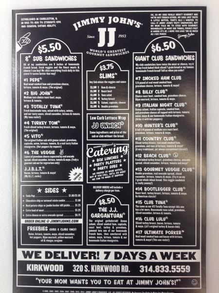 Menu at Jimmy John's fast food, Kirkwood, 320 S Kirkwood Rd Ste. 103