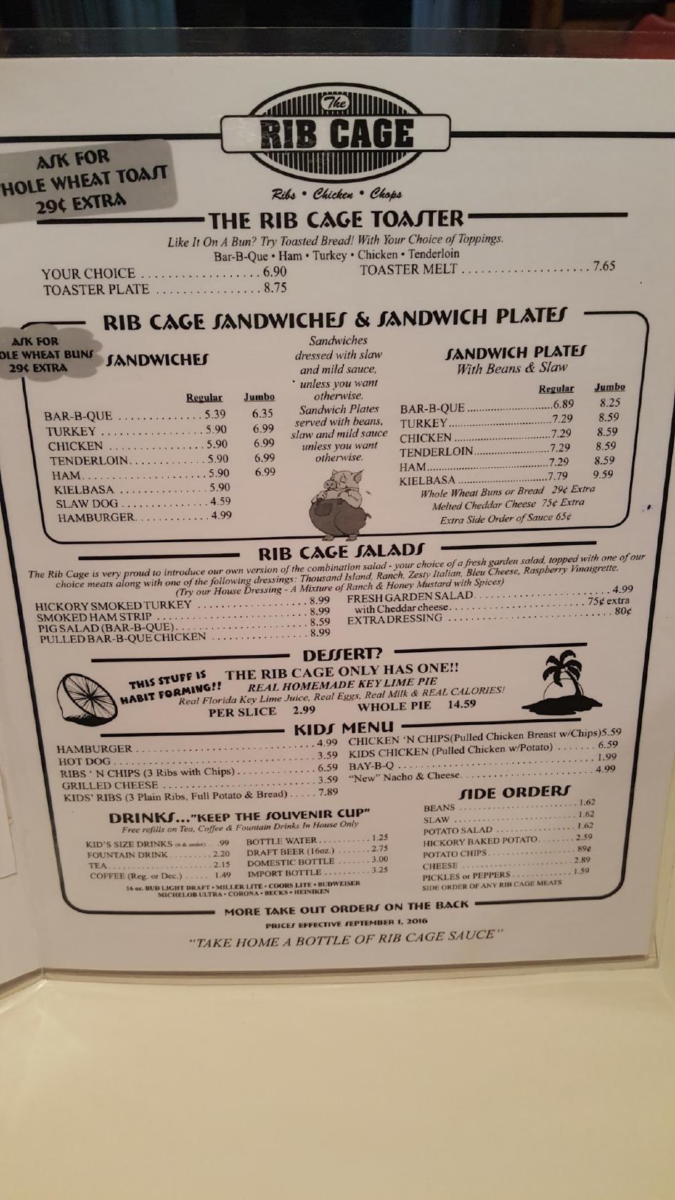Menu at Rib Cage steakhouse, Counce, TN57