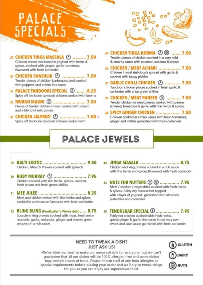 Menu at Palace Tandoori restaurant, Denby Dale