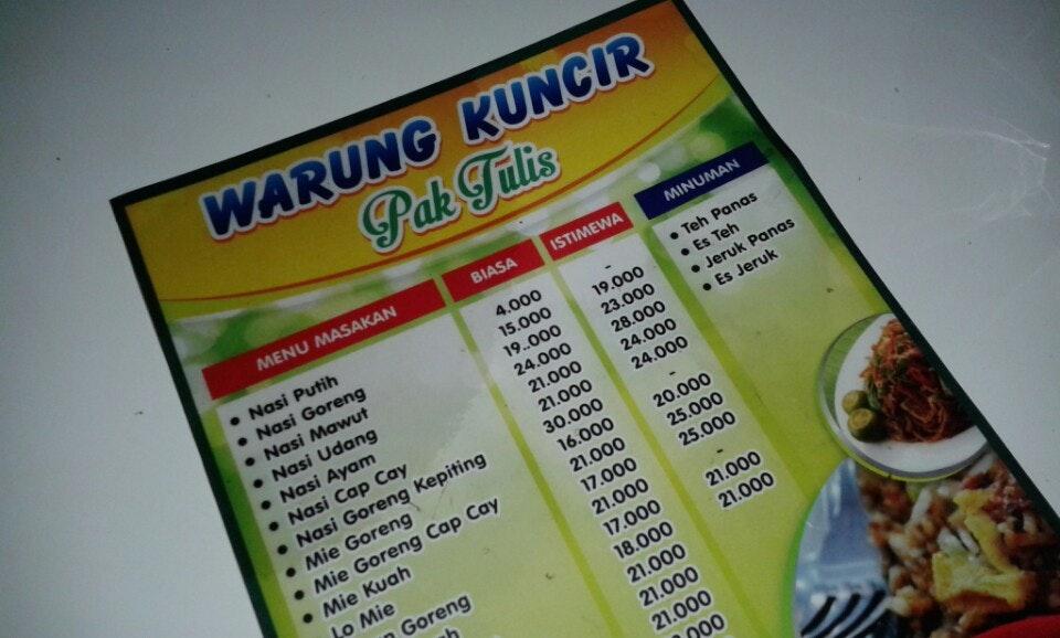 Menu at Warung Kuncir Pak Tulis restaurant, Malang