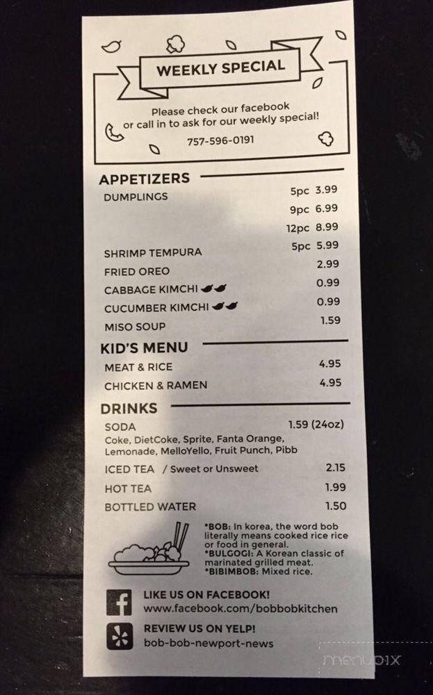 Menu at Bob Bob Korean grill and kitchen restaurant, Newport News