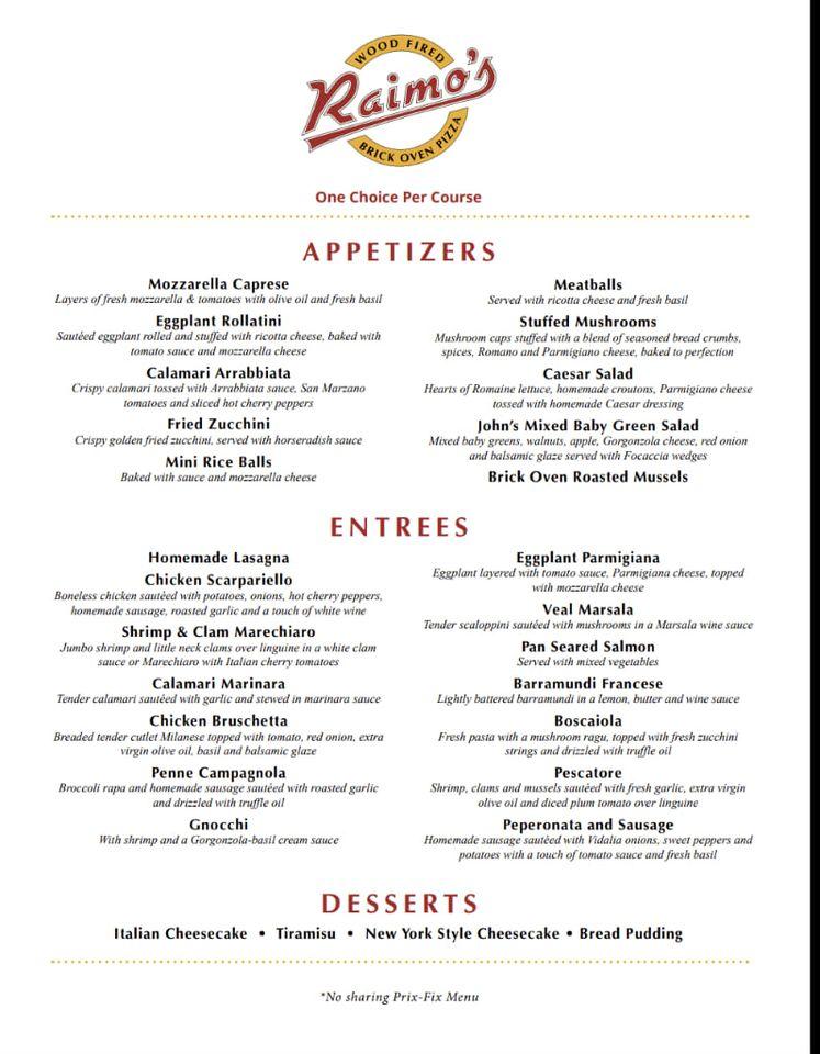 Menu at Raimo's Brick Oven Pizzeria & Trattoria of Amityville, Amityville