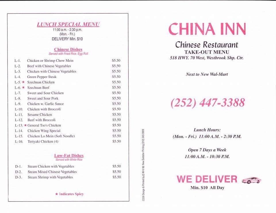 Menu At China Inn Chinese Restaurant Havelock 518 U S Hwy 70 W   Re34 China Inn Menu 2020 08 