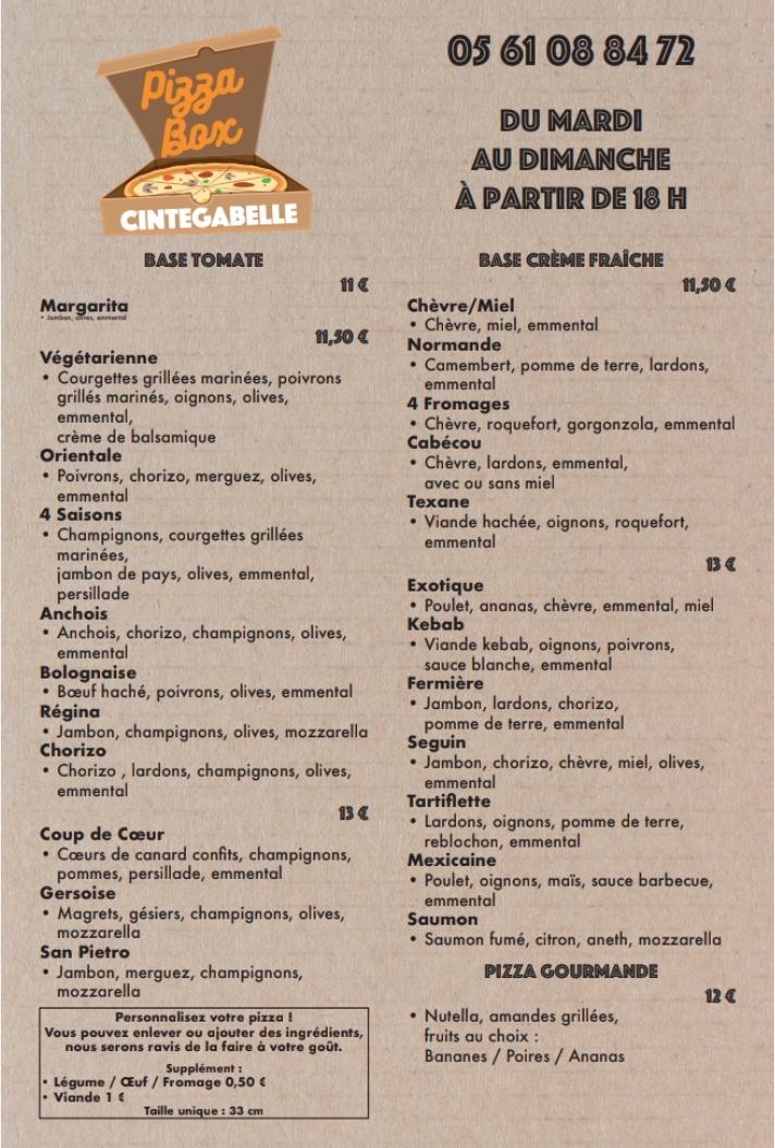 Menu de Pizza Box