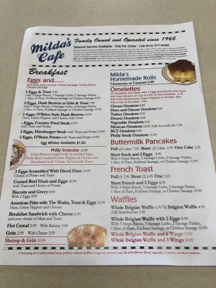 Menu at Milda's Cafe, Minneapolis