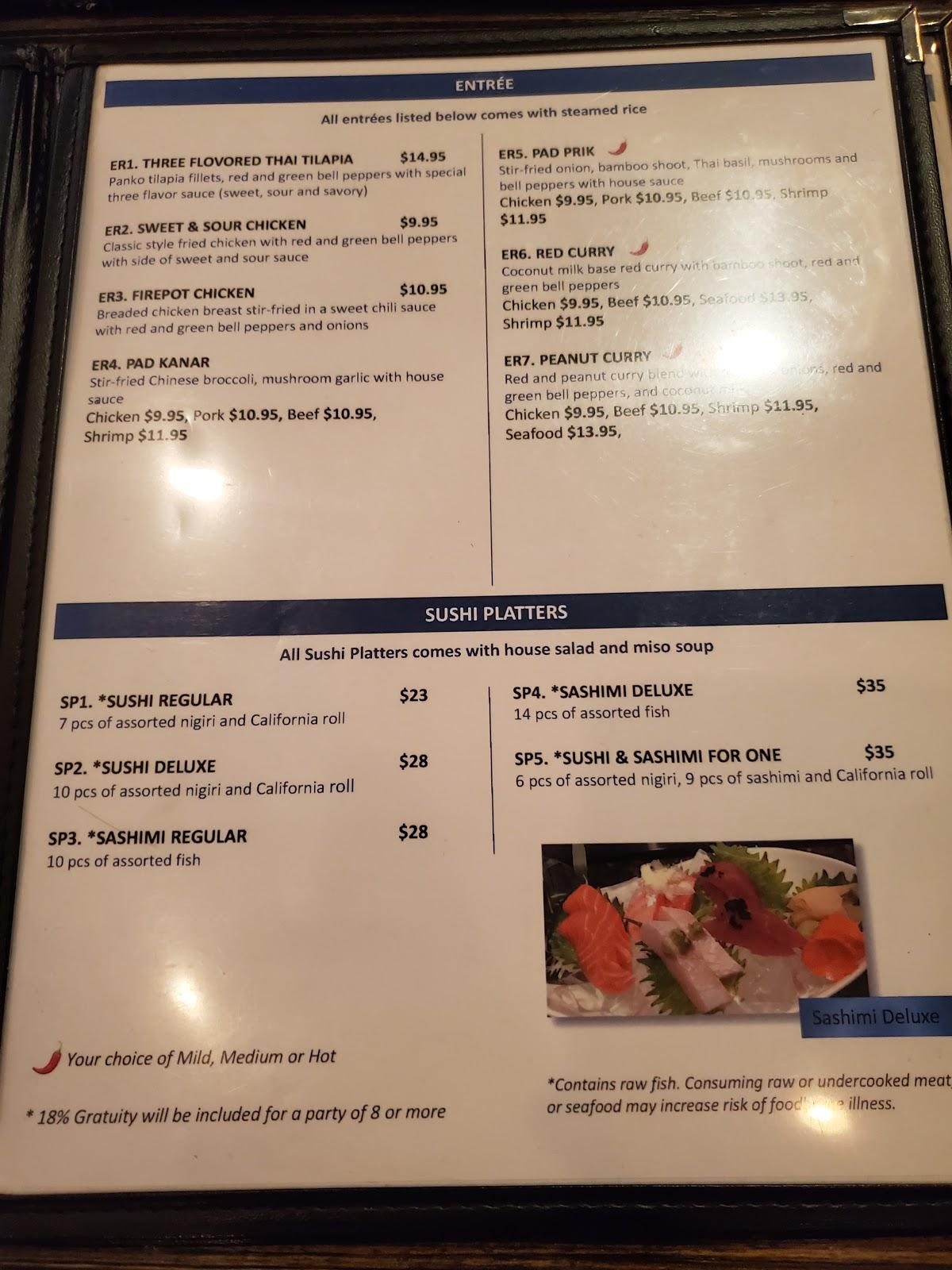 Menu at Jasmine's Thai & Sushi restaurant, Pickerington