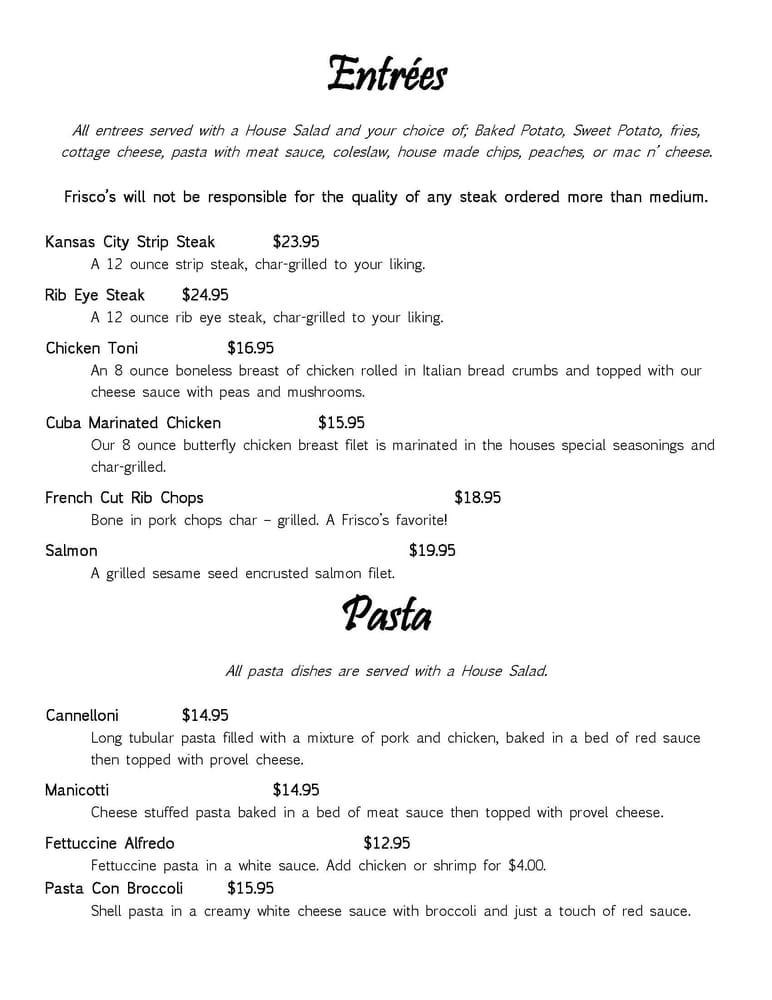 Menu at Frisco's Grill &amp; Pub, Cuba