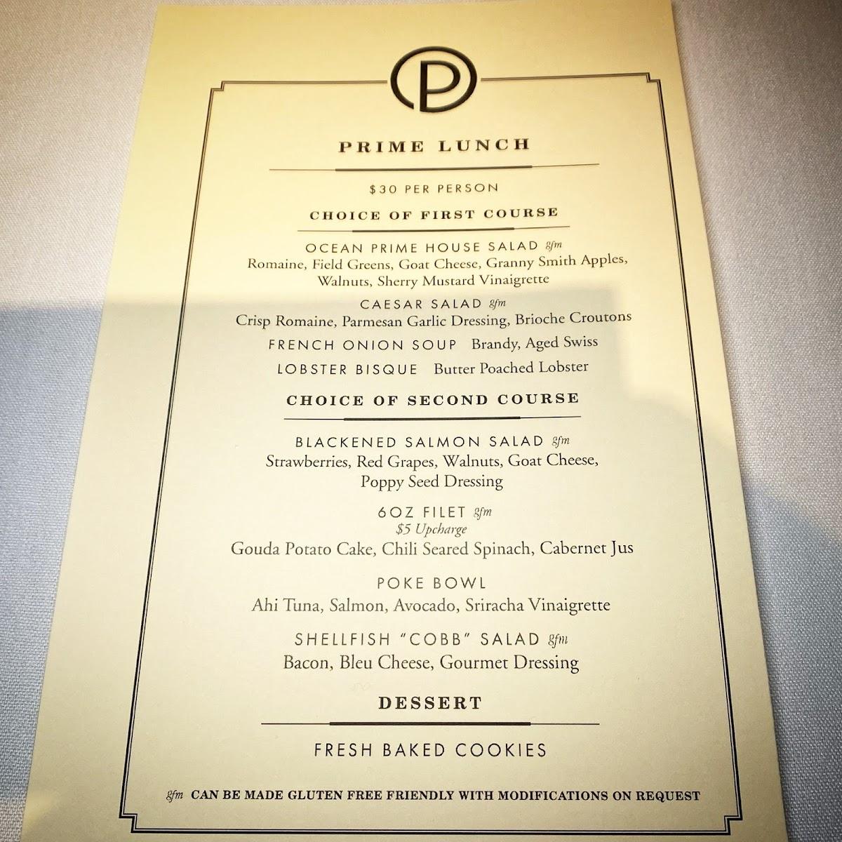 Menu at Ocean Prime Denver Tech Center steakhouse, Greenwood Village