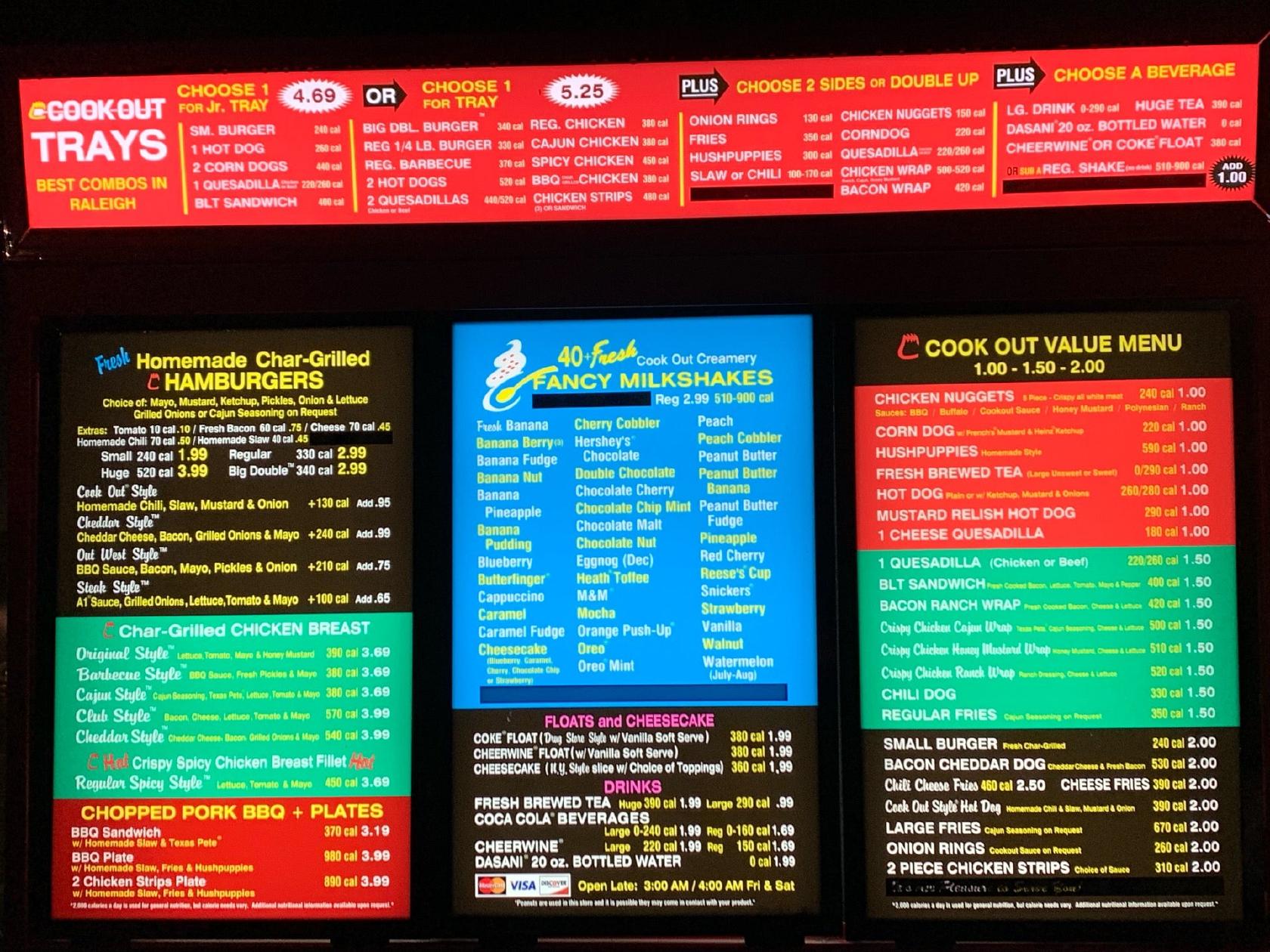 Menu at Cook Out fast food, Raleigh, Falls of Neuse Rd